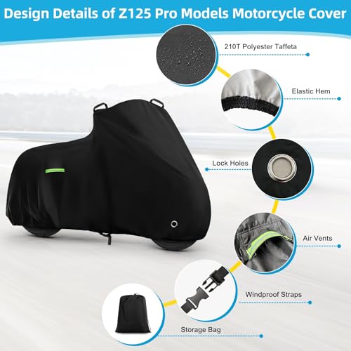 Motorcycle Cover for Kawasaki Z125/Z125 Pro/KLX 110, Heavy Duty Outdoor Sun UV Rain Dust Waterproof All Weather Protection Windproof Motorbike Cover with Soft Cotton Lining & Lock Hole-Black - size: Z125 Pro