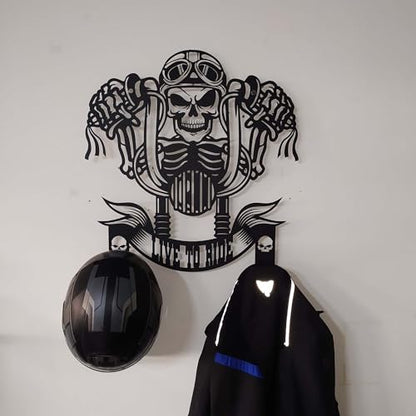 Handmade Metal Skull Wall Hanger – “Live To Ride” Motorcycle Helmet and Jacket Rack – Black Steel Wall Art for Garage, Man Cave, or Workshop Gift (79X89cm/31X40 Inches) - size: 79X89cm/31X40 Inches