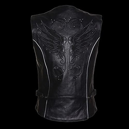 Milwaukee Leather MLL4505 Women's Black Leather Side Lace Motorcycle Rider Vest- Reflective and Studded Black Wings - color: Black, size: X-Small