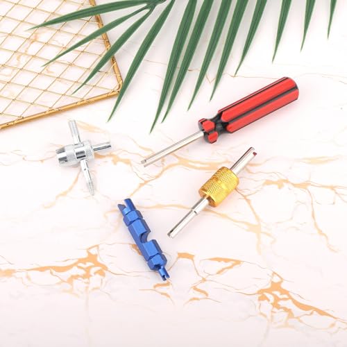 4 Pcs Tire Valve Repair Tool Set, Dual & Single Head Valve Core Remover Wrench 4 Way Stem Puller Stem Core Wrench Remover Tool for All Standard Valves Cars Trucks Motorcycle