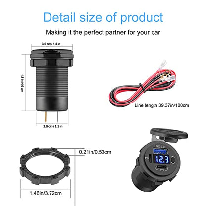 12V USB Outlet, Dual USB C Car Charger Socket & Quick Charge 3.0 Port with Voltmeter and Power Switch for Car Boat Marine Truck - color: 2PD+1QC