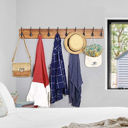 WEBI Rustic Coat Rack Wall Mount,10 Hooks,38 9/16" Long Coat Hooks Wall Mounted,16’’ Hole to Hole,Wood Coat Hanger Wall,Hook Rack Hooks for Hanging Coats,Jacket,Clothes,Hats,Brown - color: Brown Wood/Black Hook, size: 38.2 Inch-10 Hooks