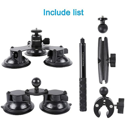 PellKing Suction Car Mount for Insta360 x5,x4, x3, x2, x,One RS,R Compatible with GoPro Max DJI OSMO 360 Camera 5 in 1 Suction Mount Kit for Action Cameras (Includes 44.9-inch Selfie Stick)