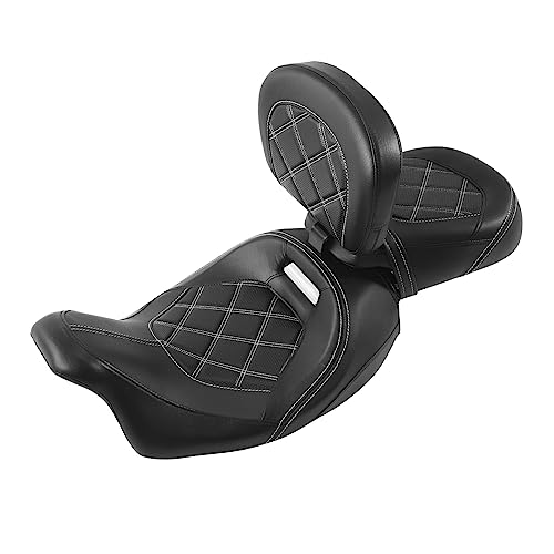 Rider Seat Cushion For Touring, SLMOTO Motorcycle Low-Profile Passenger Seat, Rider Sissy Bar Backrest Pad For Harley Touring CVO Road King Street Glide Road Glide Electra Glide 2014-2023 Black White - color: Black White + Rider Backrest Pad#102