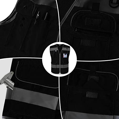 TCCFCCT Mesh Hi Vis Vest, 9 Pockets High Visibility Reflective Safety Vest for Men Women, Safety Construction Vest with Reflective Strips, Meets ANSI/ISEA Standards, (Black, Medium) - color: Black Mesh-bison 03, size: Medium
