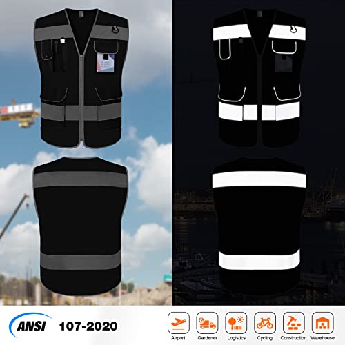 TCCFCCT Mesh Hi Vis Vest, 9 Pockets High Visibility Reflective Safety Vest for Men Women, Safety Construction Vest with Reflective Strips, Meets ANSI/ISEA Standards, (Black, Medium) - color: Black Mesh-bison 03, size: Medium