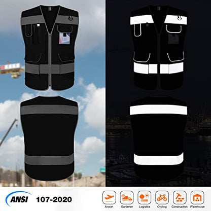 TCCFCCT Mesh Hi Vis Vest, 9 Pockets High Visibility Reflective Safety Vest for Men Women, Safety Construction Vest with Reflective Strips, Meets ANSI/ISEA Standards, (Black, Medium) - color: Black Mesh-bison 03, size: Medium