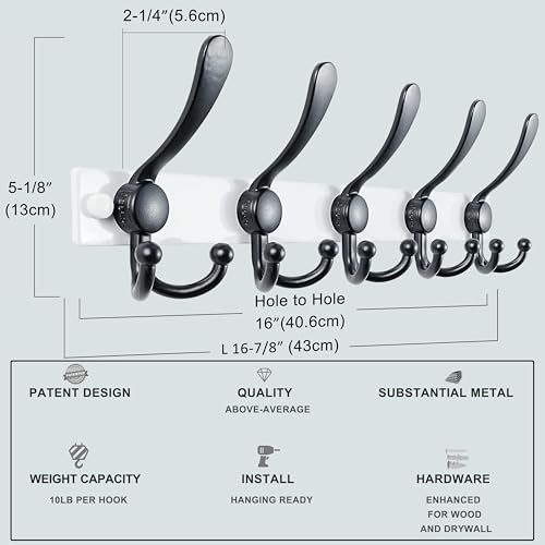 Dseap Coat Rack Wall Mount, Heavy Duty 12-Gauge Base vs Flimsy 1mm, Double-Thick Solid Anti-Snap Hooks, 16” Stud-Mount, Stainless Steel Hanger for Clothes Hat Entryway Closet Mudroom, White & Black - color: White/Black, size: L=17" (1pcs)