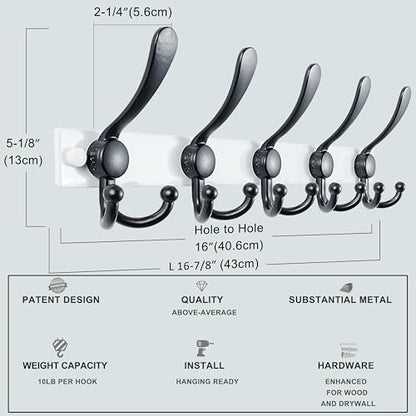 Dseap Coat Rack Wall Mount, Heavy Duty 12-Gauge Base vs Flimsy 1mm, Double-Thick Solid Anti-Snap Hooks, 16” Stud-Mount, Stainless Steel Hanger for Clothes Hat Entryway Closet Mudroom, White & Black - color: White/Black, size: L=17" (1pcs)