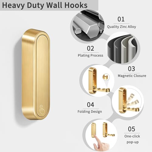 2PCS Foldable Wall Hooks, Flip Down Design with 40 lbs Heavy-Duty Capacity, Retractable Wall Hooks for Bathroom, Bedroom & Entryway Space Saving (Gold) - color: Gold, size: 2 Hooks