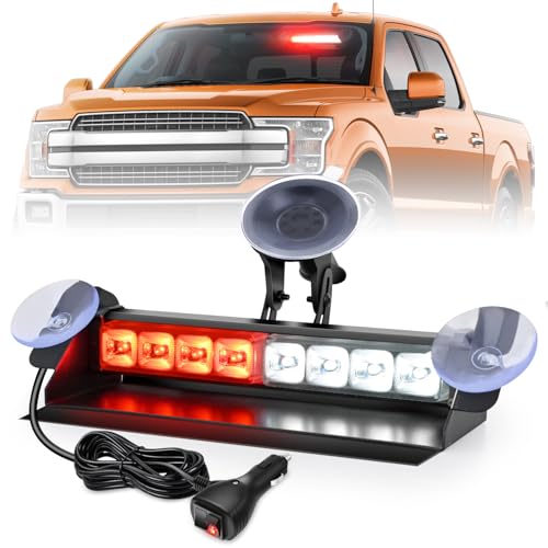 Nilight 8LED Red White Traffic Advisor Strobe Light Bar with Vacuum Suction Emergency Dash Warning Hazard Safety Flashing Lights Front/Rear Windshield Visor for Truck Police Construction Vehicles - color: Red White, size: 8LED