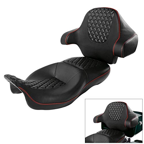 C.C. RIDER One-Piece Driver Passenger Seat with Wrap-around King Tour Trunk Backrest Pad fit for Harley Touring Road King FLHR Street Glide FLHX Road Glide FLTRX 2014-2023 - color: 08# Red+ Backrest