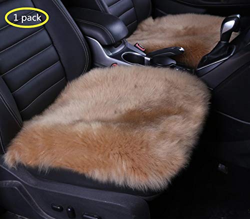 Sheepskin Car Front Seat Cover Pad 18x18inch Long Wool Seat Cushion Winter Warm Universal Fit Auto, SUV, Truck, Dinner Chair Office Chair Front Cameo Brown - color: Tan, size: 18x18 Inch (Pack of 1)