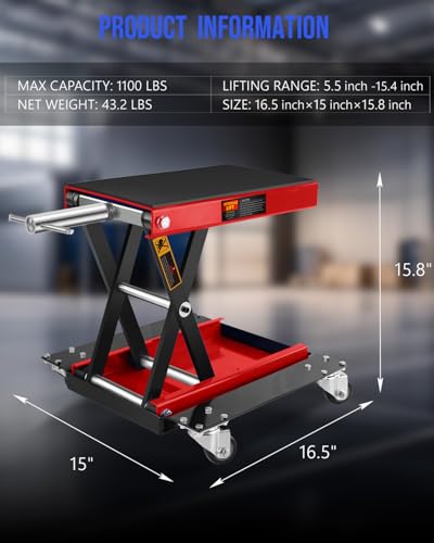 Motorcycle Scissor Lift Jack with Dolly Wheels & Hand Crank - 1100LBS Heavy Duty Adjustable Bike Lift for Cruiser, Dirt Bike, ATV - Foldable, Non-Slip Platform, Garage Repair Stand