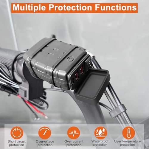 Waterproof Motorcycle USB Charger with 3 Ports, 36W Universal Fit SAE to USB Fast Charging Adapter with ON Off Switch
