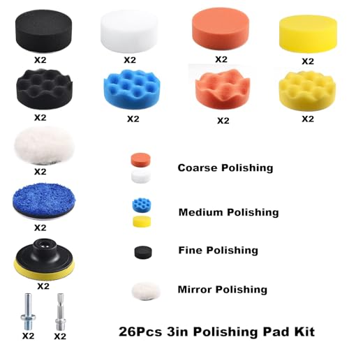 26 Pcs Car Foam Polishing Buffing Kit, 3 Inch Polishing Pad, Buffing Pads, Polishing Pad Kit, 3 Inch Buffing Pads