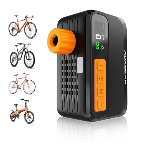 AUXBEAM New Bike Pump with Gauge - 120 PSI High-Performance Electric Bike Pump, 1500mAh & Brushless Motor Pocket-Sized Monster, Ultra-Fast Portable Bicycle Pump for Road, MTB, City，E-Bike Tires