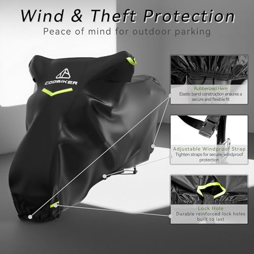 Motorcycle Cover 300D Waterproof Outdoor Night Reflective Breathable Vents All Season Rain Sun Dust Protection Universal Fit Powersports Vehicle Cover with Lock-Holes Fits up to 116" - size: 116"