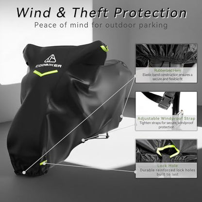 Motorcycle Cover 300D Waterproof Outdoor Night Reflective Breathable Vents All Season Rain Sun Dust Protection Universal Fit Powersports Vehicle Cover with Lock-Holes Fits up to 116" - size: 116"
