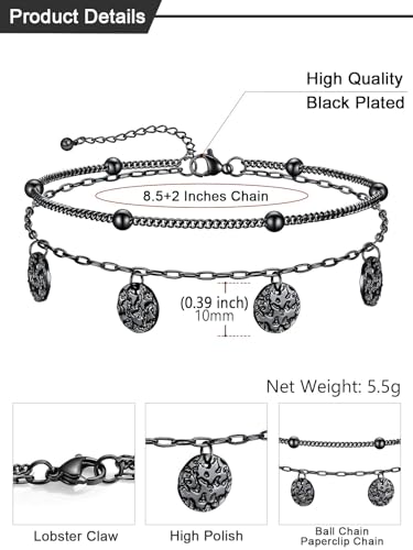 U7 Silver/Gold Ankle Bracelets for Women Layered Chain Anklets Stainless Steel Waterproof Summer Beach Anklet Cham, Adjustable 8.5"-10.5" - color: Black - Ball Chain+Paperclip Chain