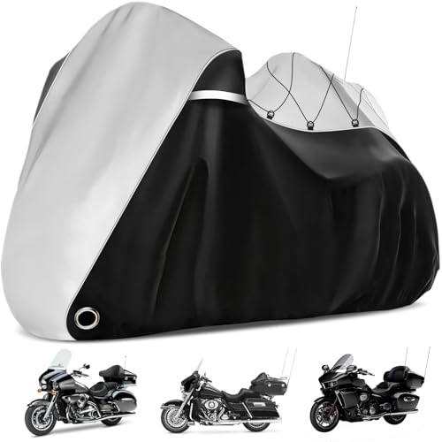 COVERVIN Motorcycle Cover with Side+Top Box Heavy Duty 420D Waterproof for Harley Davidson Ultra Ltd, Road Glide Ltd, Honda Gold Wing, Road Master, Indian, Indoor & Outdoor Storage (Black&Silver) - color: Black&Silver, size: 110"- Side+Top Box