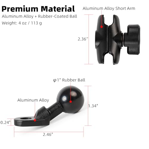 1" Angled Bolt Head Adapter Ball Base with Short Double Socket Arm for Motorcycle Mirror, Compatible with RAM Mounts and 1 Inch Ball Phone Holder - style: Angled Base with 2.36" Arm