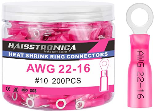 haisstronica 200PCS Heat Shrink Ring Terminals #10 Marine Grade Wire Connectors Red AWG 22-16 Gauge, Tinned Red Copper 0.7mm Resistant Ring Connectors, Brazed-Seam Insulated Electrical Crimp - color: Red, size: Ring 3/16"