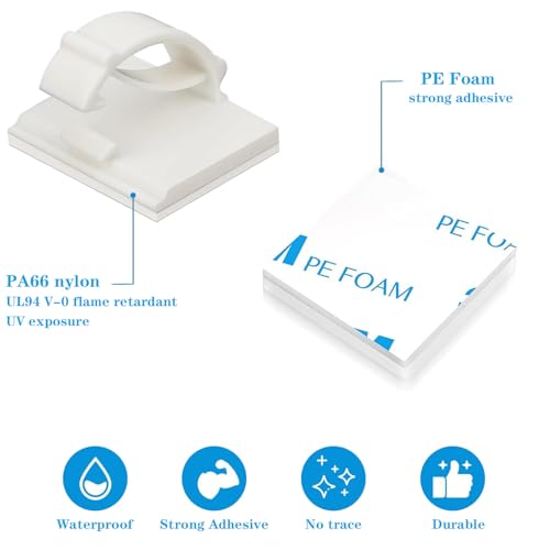 Adhesive Cable Holder Management Wire Clips 50 Pcs White，Suitable for Cables with a Diameter of ≤ 6mm in Cars, Houses, and Offices - color: White