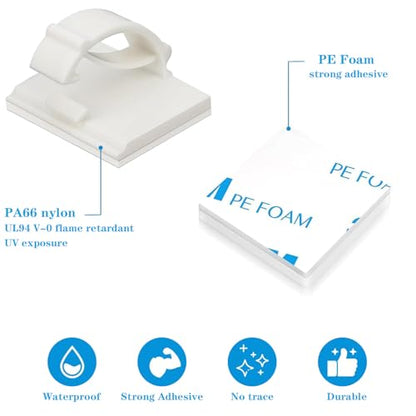 Adhesive Cable Holder Management Wire Clips 50 Pcs White，Suitable for Cables with a Diameter of ≤ 6mm in Cars, Houses, and Offices - color: White