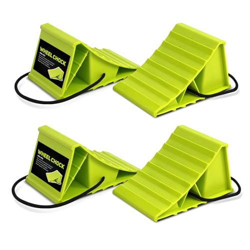 HOXWELL 2 Pair Wheel Chocks for Travel Trailers, Non Slip Heavy Duty Green Wheel Chock with Rope, Lightweight Wheel Stoppers for Cars Campers Trucks RVs, Easy to Carry & Suitable for Most Tyre Sizes - size: Green-2 Pairs