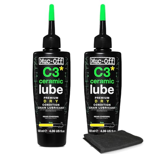 Muc-Off C3 Dry Weather Ceramic Lube 120ml (Pack of 2) with Microfiber Cloth | Premium Chain Lubricant for Dry, Dusty & Damp Conditions | Ceramic Protection with UV Dye - size: 120ml (Pack of 2)