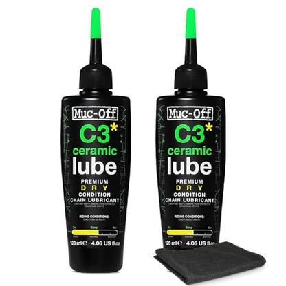 Muc-Off C3 Dry Weather Ceramic Lube 120ml (Pack of 2) with Microfiber Cloth | Premium Chain Lubricant for Dry, Dusty & Damp Conditions | Ceramic Protection with UV Dye - size: 120ml (Pack of 2)
