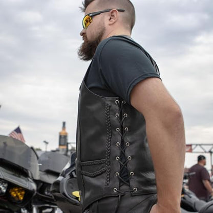 Hot Leathers Men’s Black ‘Buffalo Nickel Snap’ Leather Vest with Side Laces & Braided Detail - color: Vsm1008-black, size: Large