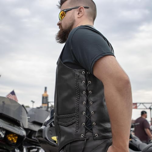 Hot Leathers Men’s Black ‘Buffalo Nickel Snap’ Leather Vest with Side Laces & Braided Detail - color: Vsm1008-black, size: X-Large