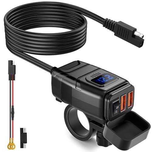EXTRACTME Motorcycle USB Charger, 6.8A Quick Charge 3.0 Dual USB Motorcycle Phone Charger with Voltmeter & ON/Off Switch, Waterproof Quick Disconnect SAE to USB Adapter for Phone, Tablet, GPS - Blue - color: Blue Voltmeter Motorcycle Phone Charger