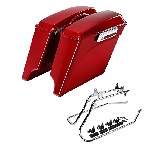 SLMOTO Mortorcycle Saddle Bags, 5" Red Stretched Hard Saddlebags Bag Speaker Lid+Conversion Brackets For HARLEY Springer FLSTS EFI Heritage Softail Classic FLSTC - color: Red Saddlebag + Chrome Conversion Brackets