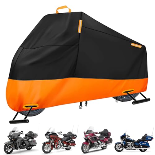 Motorcycle Cover Waterproof Outdoor, 300D Heavy Duty Motorcycle Cover for Harley Davidson Electra Glide Ultra Limited CVO Road Street Glide Gold Wing, All Seasons Protection Fits up to 116" - size: XXXXL (Fits up to 116")