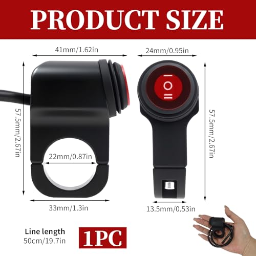 12V Motorcycle Handlebar ON Off Switch with LED Indicator, Waterproof Push Button Control for Auxiliary Driving Lights, Fog Lights, Headlights, Fits 7/8" (22mm) Handlebars on ATV, UTV, Scooter, E-Bike
