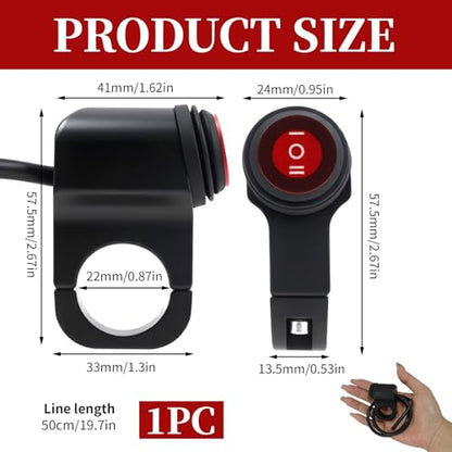 12V Motorcycle Handlebar ON Off Switch with LED Indicator, Waterproof Push Button Control for Auxiliary Driving Lights, Fog Lights, Headlights, Fits 7/8" (22mm) Handlebars on ATV, UTV, Scooter, E-Bike