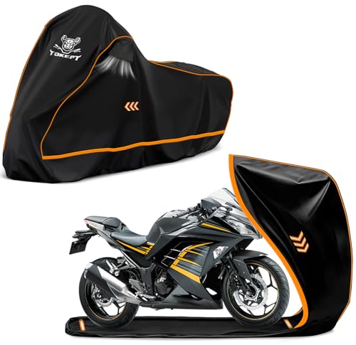 Full Enclosed Motorcycle Cover, 600D Heavy Duty Waterproof Motorcycle Cover with Reflective Strips & Vents, Fits 96" Scooter, Dirtbike, Cruiser & Touring Motorcycles (Black) - size: 96"-XXL