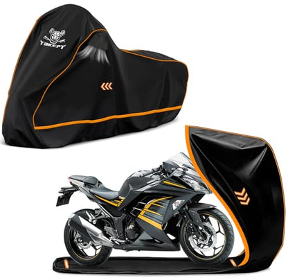Full Enclosed Motorcycle Cover, 600D Heavy Duty Waterproof Motorcycle Cover with Reflective Strips & Vents, Fits 96" Scooter, Dirtbike, Cruiser & Touring Motorcycles (Black) - size: 96"-XXL