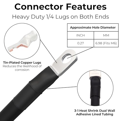 2 AWG Battery Cable with Battery Terminals, Pure Copper Wire, Automotive, Solar Power Inverter, Welding, Golf Cart, Lawn Mower, Motorcycle (Black Wire, 1 FT (12 in), 1/4" Lugs on Both Ends, 1pc) - color: Black, size: 1 FT 1/4" Lugs