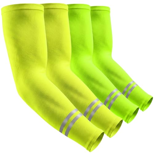 Geyoga 4 Pairs Sun Protection Arm Sleeves for Men Women Reflective UV Protective Arm Cover for Basketball Outdoor Sports - color: Green, Yellow
