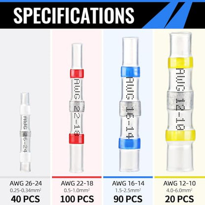 Sopoby 250PCS Solder Seal Wire Connectors Insulated Waterproof Electrical Wire Terminals Heat Shrink Solder Butt Connectors Kit for Automotive Marine - size: 250PCS