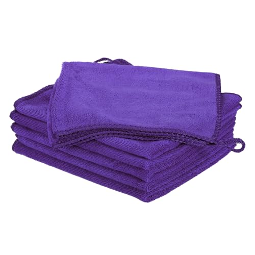 HARFINGTON 6 Pack Microfiber Cleaning Cloth, 14" x 14" Multi-Functional Cleaning Towels Reusable Absorbent Rags with Hook for Car Wash Kitchen Household Window Clean, Purple - color: Purple, size: 14" x 14"
