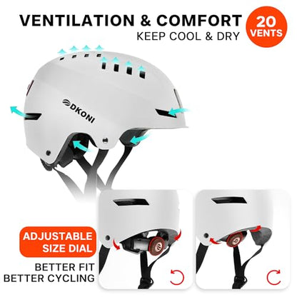 DKONI Bike Helmet with LED Lights Bicycle Helmets Commuter Cycling Helmet USB Rechargeable Front & Back LED Light Helmet for Adult Men Women - color: White, size: Large: 22-24 inch (56-61cm)