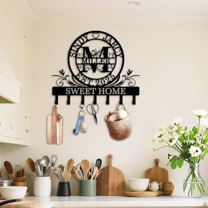 Personalized Monogram Key Holder for Wall, Custom Family Name Hooks | Monogram name design with rust-resistant metal, free hardware, ideal for new home, wedding, couples and housewarming - color: Monogram