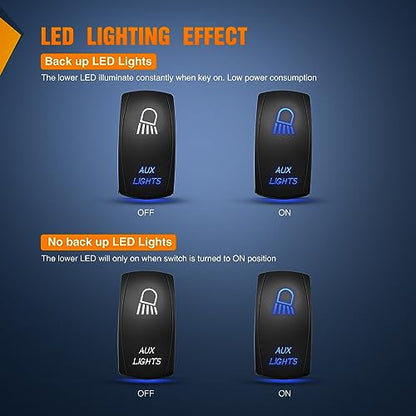 Nilight Aux Lights Rocker Switch Led Light Bar 5 Pin Laser On Off SPST switches 20A/12V 10A/24V Blue with Jumper Wires Set for Cars Trucks Boats ATVs UTVs RVs - size: AUX LIGHTS