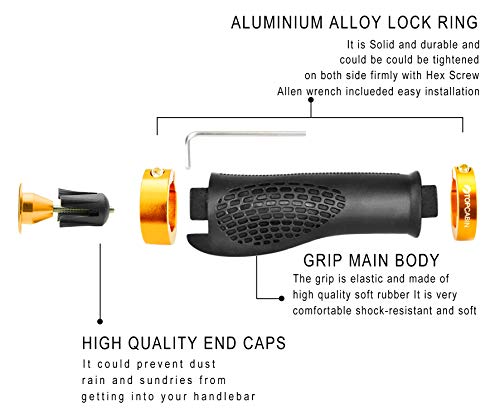 TOPCABIN Ergonomic Bike Grips - Widen Holding Rubber Grips with Aluminum LockGrips for Mountain & Road Bikes - color: Aluminum lock plug+Grips (Gold 1 Pair)