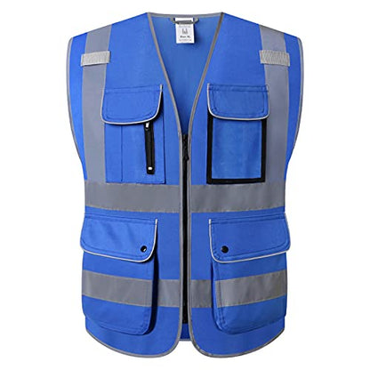 Class 2 Retro-Reflection Safety Vests 9 Pockets and Front Zipper ANSI/ISEA 107-2015(Blue-3, Large) - color: Blue-3, size: Large